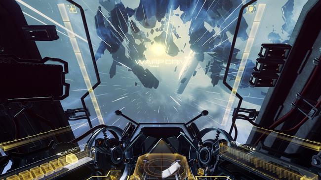 The view from the cockpit inside Sony PlayStation VR game <i>Eve: Valkyrie.</i>