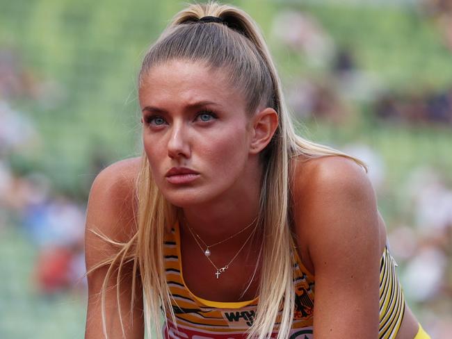 MUNICH, GERMANY - AUGUST 16: Alica Schmidt of Germany looks on prior to competing in the Women's 400m Semifinal 3 on day 6 of the European Championships Munich 2022 at Olympiapark on August 16, 2022 in Munich, Germany. (Photo by Alexander Hassenstein/Getty Images)