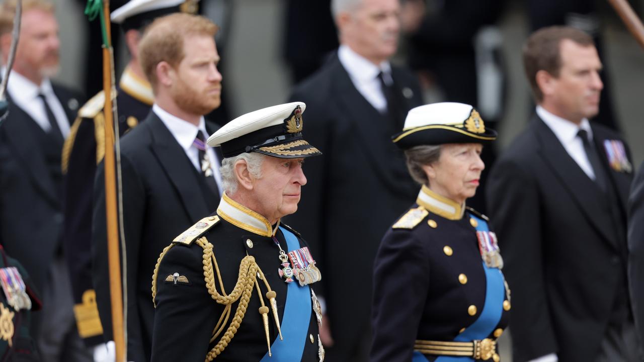 King Charles III and Anne, Princess Royal arrive at Westminster Abbey for the State Funeral of Queen Elizabeth II.