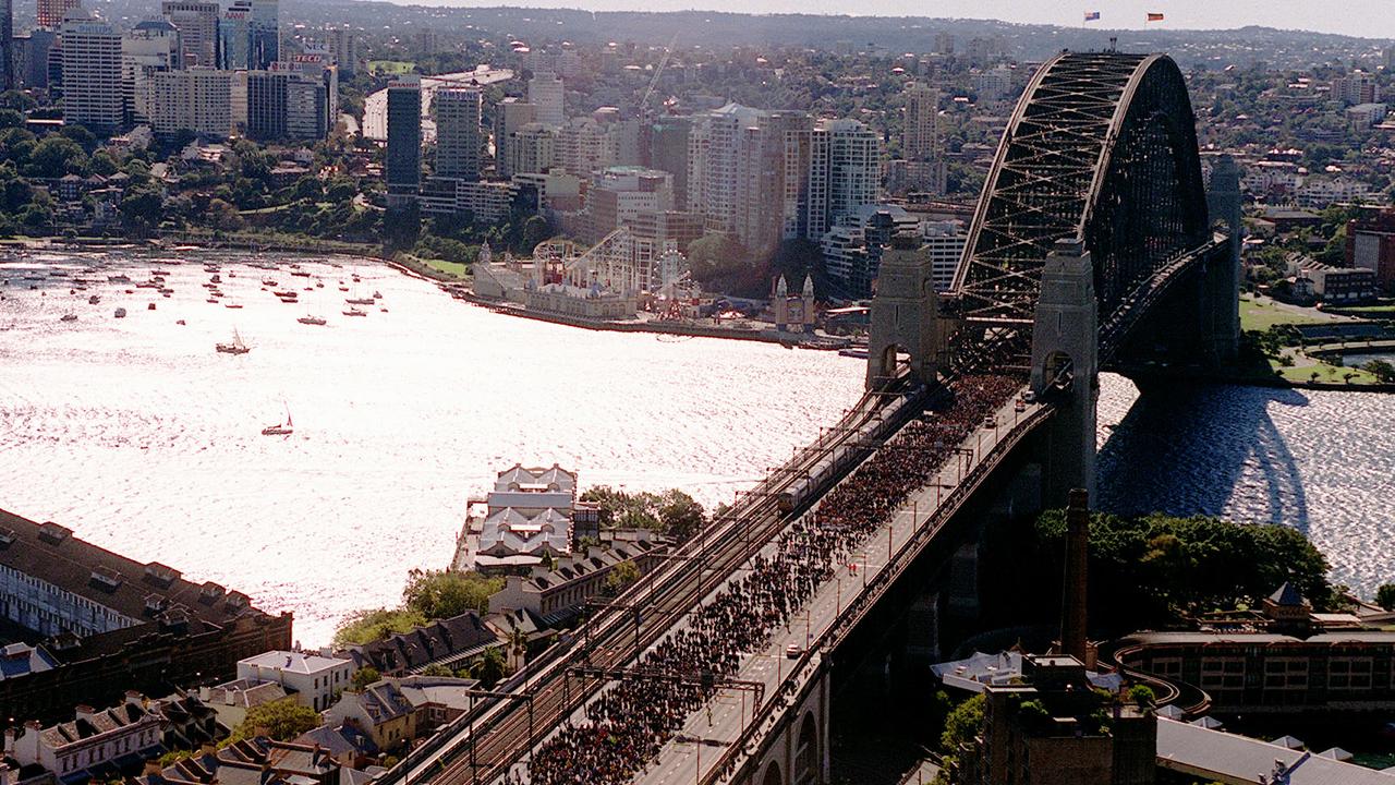 MAY 28, 2000: Aerial view of an estimated 250,000 Australians thousands participating in the Walk for Reconciliation walk cross Sydney Harbour Bridge. Picture: Chris Pavlich