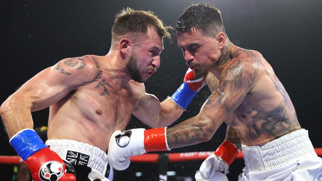 Maxi Hughes (left) and George Kambosos tussle. Picture: Mikey Williams/Top Rank Inc via Getty Images