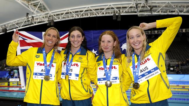 Gold medallists Emma McKeon, Meg Harris, Mollie O'Callaghan and Madison Wilson of Australia pose during the medal ceremony. Picture: Daniel Pockett/Getty Images