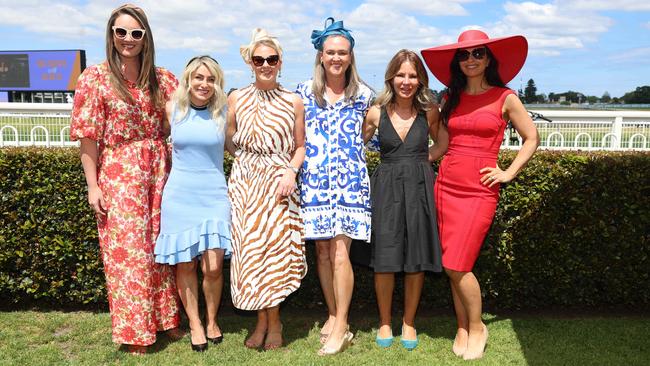 MELBOURNE, AUSTRALIA – OCTOBER 16 2024 Michaela Moran, Anna Balmer, Janelle Kelly, Sarah Balmer, Jenni Tripatdis and Leasa Torelli at the Caulfield Social race day at Caulfield racecourse on Wednesday 16th October, 2024 Picture: Brendan Beckett