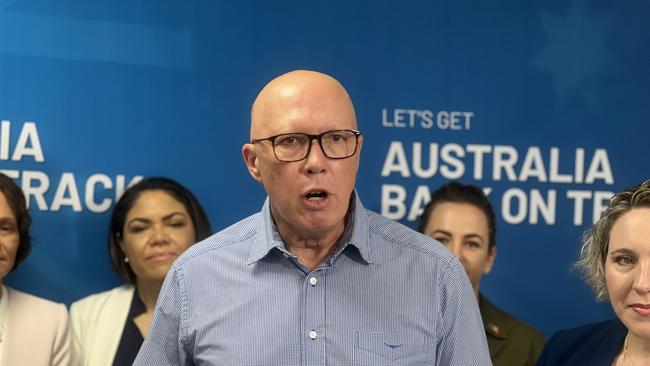 Darwin, NT, 16/2/25: Opposition Leader Peter Dutton addresses media. The coalition has committed $368,000 from a revitalised Safer Communities Fund to fast-track public lighting upgrades in Palmerston, saying every Australian deserved to feel safe. Picture: Fia Walsh.