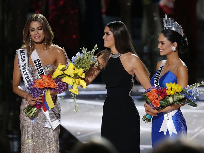 Miss Colombia looks upset after the crown was taken off her. Picture: John Locher/AP Photo.