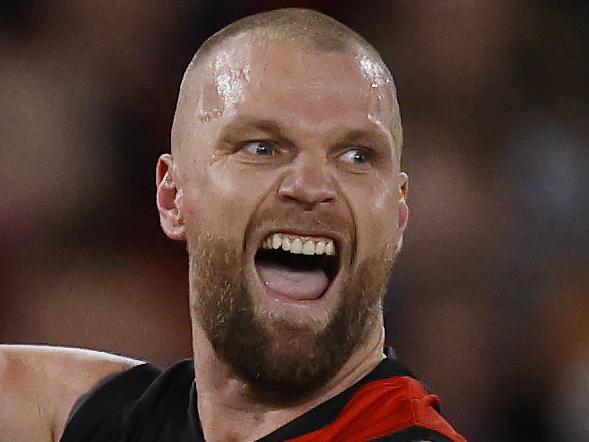 MELBOURNE , AUSTRALIA. April 12, 2024.  AFL. Round 5. Western Bulldogs vs Essendon at Marvel Stadium.    Jake Stringer of the Bombers celebrates a 4th quarter goal    . Pic: Michael Klein