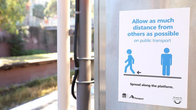 A Covid-19 advice sign at St Peters station in Sydney, NSW. Picture: Getty Images