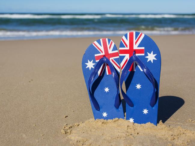 Gold Coast Suns - My Life - Australia Day. Australian flag flip flop thongs on a beach