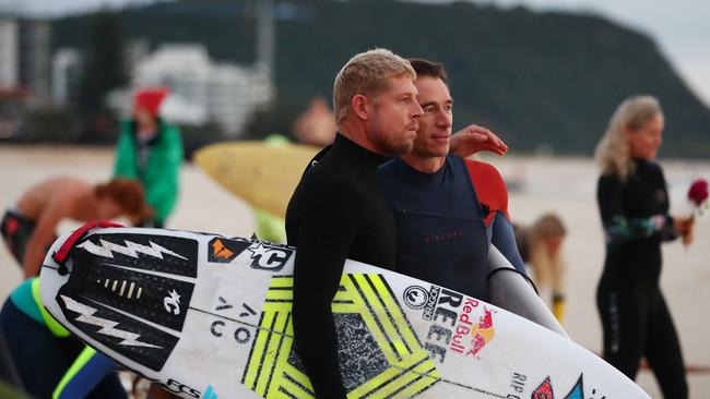 GOLD COAST, AUSTRALIA - JULY 11: Surfer Mick Fanning attends a paddle out in memory of Alex 'Chumpy' Pullin on July 11, 2020 in Gold Coast, Australia. Australian Winter Olympic Games Snowboarder Alex 'Chumpy' Pullin died on Wednesday 8 July in a drowning accident while spearfishing at Palm Beach on the Gold Coast, aged 32. (Photo by Chris Hyde/Getty Images)