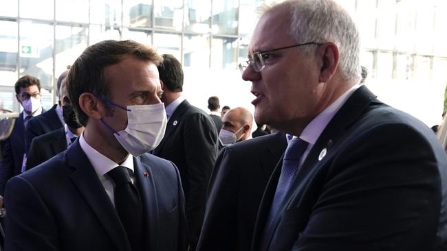 Prime Minister Scott Morrison chats with French President Emmanuel Macron. Picture: Adam Taylor