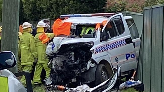 The crash at Caboolture that left three police officers injured. Picture: Brisbane Incident Alert