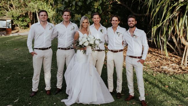 Taylor Grut &amp; Jayden Clout with the groomsmen. Picture: Tessa Shannon Photography