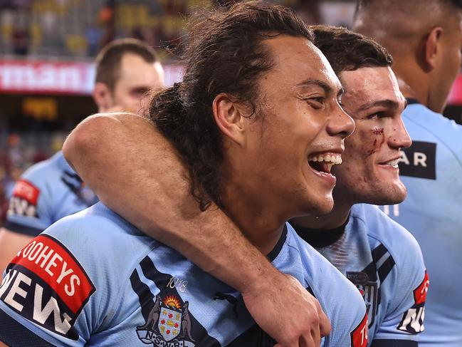 TOWNSVILLE, AUSTRALIA - JUNE 09:  Jerome Luai of the Blues and Nathan Cleary of the Blues celebrate after winning game one of the 2021 State of Origin series between the New South Wales Blues and the Queensland Maroons at Queensland Country Bank Stadium on June 09, 2021 in Townsville, Australia. (Photo by Mark Kolbe/Getty Images)