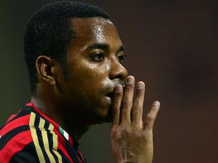 (FILES) This file photo taken on September 28, 2013 shows AC Milan's Brazilian forward Robinho during the Italian Seria A football match AC Milan vs Sampdoria, on Septembre 28, 2013, in San Siro stadium in Milan. A Milan court on November 23, 2017 sentenced former AC Milan and Brazil forward Robinho aka Robson de Souza Santos to nine years in jail for gang raping a 22-year-old Albanian woman in a Milan disco on January 22, 2013.  Robinho, who is now playing for Brazil team Atletico Mineiro, was found guilty of committing the rape with five other people. / AFP PHOTO / Olivier MORIN