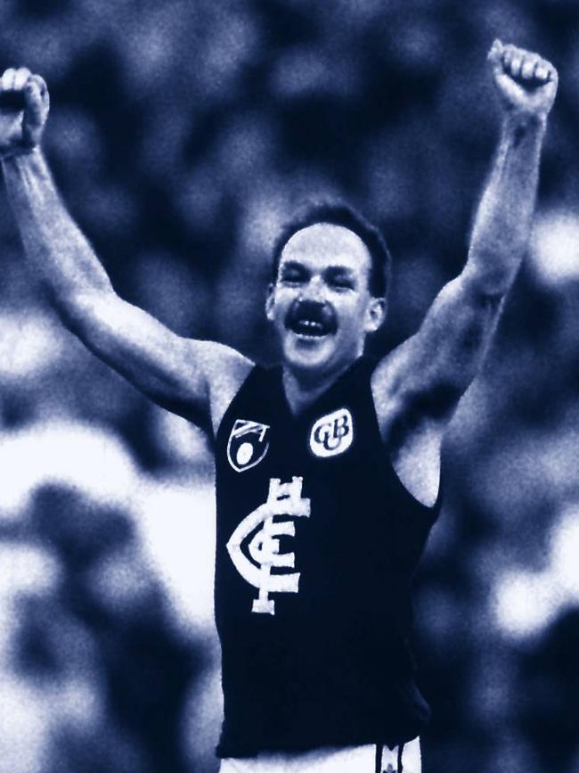 Buckley celebrates in a 1990 game against Essendon.