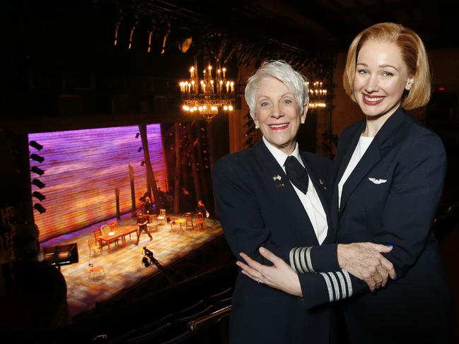 Real-life pilot Beverley Bass in Melbourne with actor Zoe Gertz who plays Beverley in Come From Away. Picture: David Caird