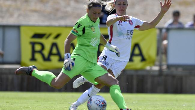 Adelaide United goalkeeper Sarah Willacy’s display was a rare bright spot in the Reds’ loss to Western Sydney Wanderers. Picture: AAP Image/Kelly Barnes