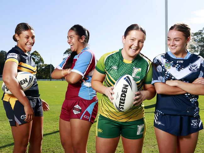 NRL Schoolgirls Cup players Mya Muller from Westfields Sports High School, Tayleah Pasili from Hills Sports High School, Sophie Smith from Hunter Sports High School and Aaliyah Boland from Matraville Sports High School. Picture: Tim Hunter.