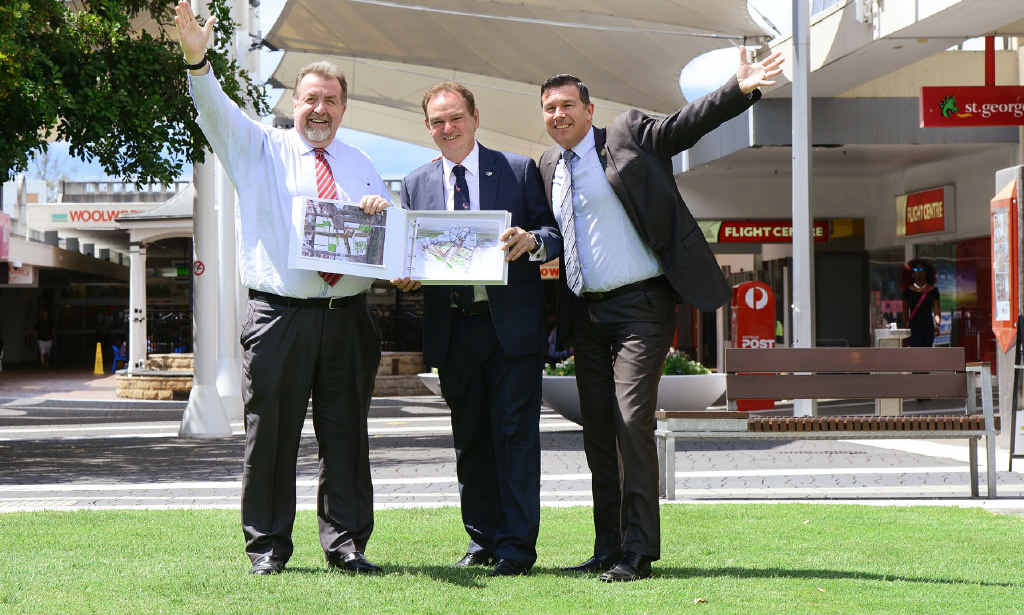 GET READY: Ipswich councillors Paul Tully, Paul Pisasale and Andrew Antoniolli announce ’Retail Stage One’ of the Ipswich Mall redevelopment. Picture: David Nielsen