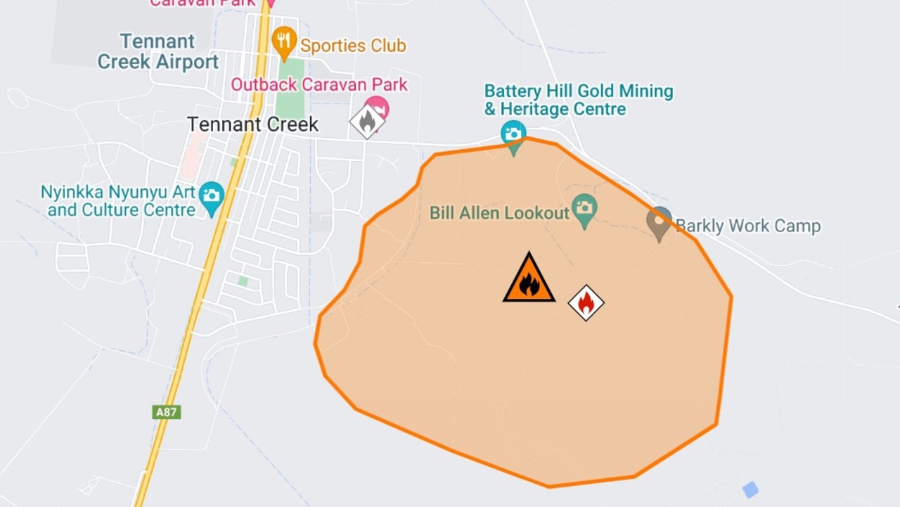 The fire near Rusty Camp and Peko Road in Tennant Creek started about 1.30pm Sunday and remained at a “watch and act” emergency level at 4pm. Picture: NT Incident Map, 4pm Sunday