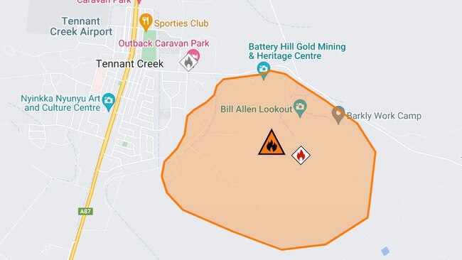 The fire near Rusty Camp and Peko Road in Tennant Creek started about 1.30pm Sunday and remained at a “watch and act” emergency level at 4pm. Picture: NT Incident Map, 4pm Sunday