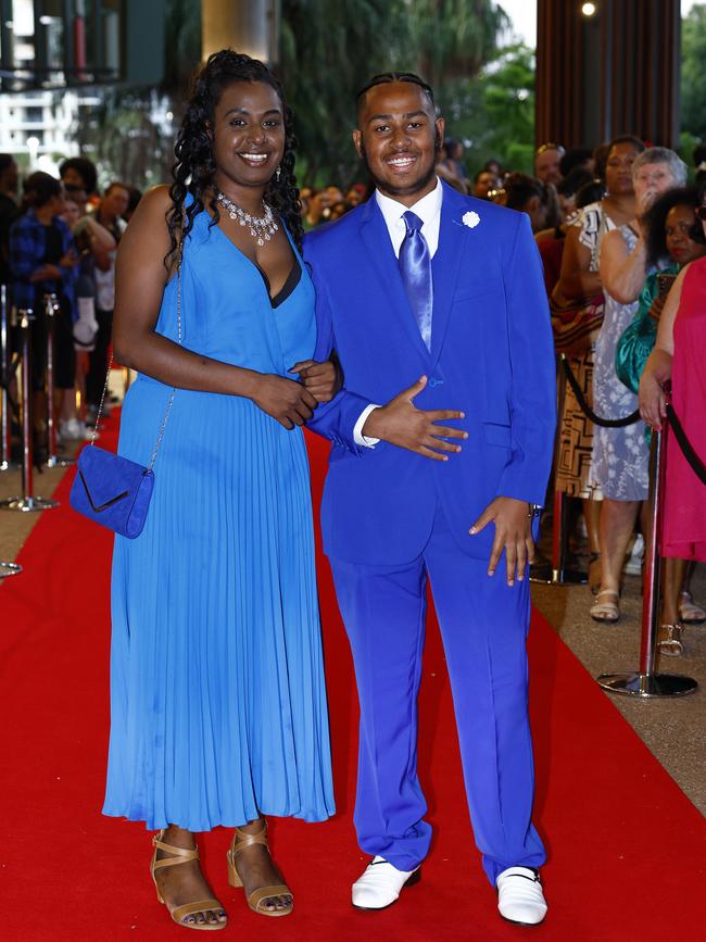 Tamika Stephen and Genai Stephen arrive at the Trinity Bay High School formal evening, held at the Cairns Convention Centre. Picture: Brendan Radke