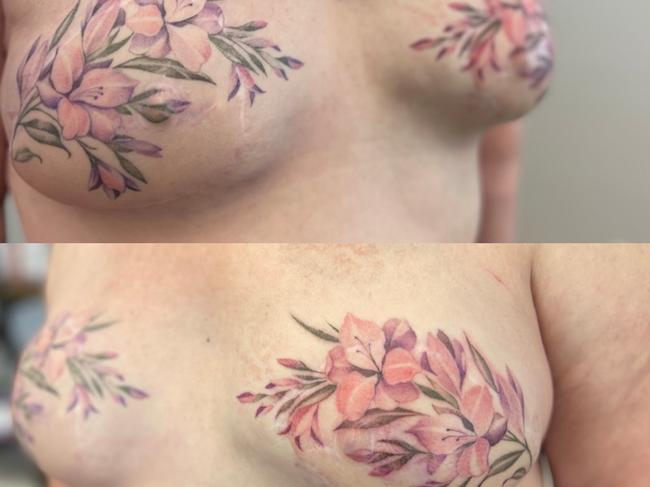 Aleisha Gannon tattoos art as well as 3D paramedical tattoos on breast cancer survivors. Picture: Supplied