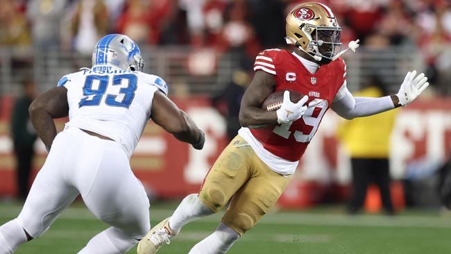 Deebo Samuel of the San Francisco 49ers runs the ball against the Detroit Lions during the NFC Championship Game. Picture: Ezra Shaw/Getty Images