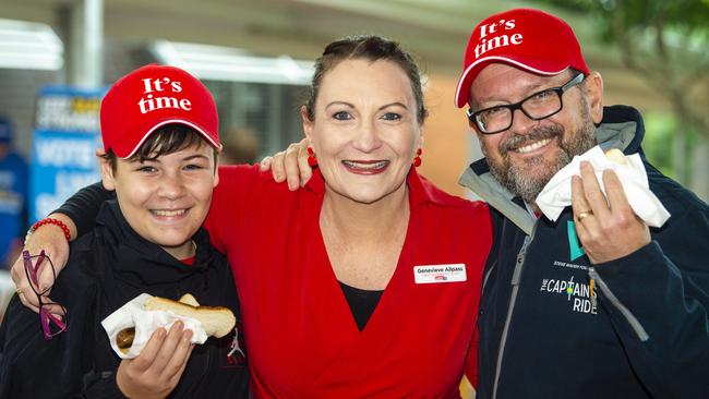 Labor candidate for Groom Gen Allpass, with son Nicholas and husband Andrew, after casting her vote in the federal election at Highfields State Secondary College. Picture: Kevin Farmer