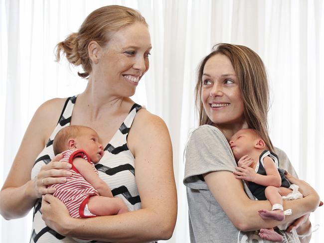 New mums Sophie Forsterling, with baby Mila, (left) and Carli Johnston with baby Mason both had the pregnancy booster. Picture: Sam Ruttyn