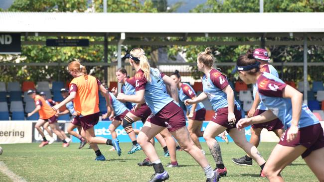 CQ Capras women go through their paces in a trial match against the clubâ€™s under-19s at Browne Park on Saturday, February 12, 2022.