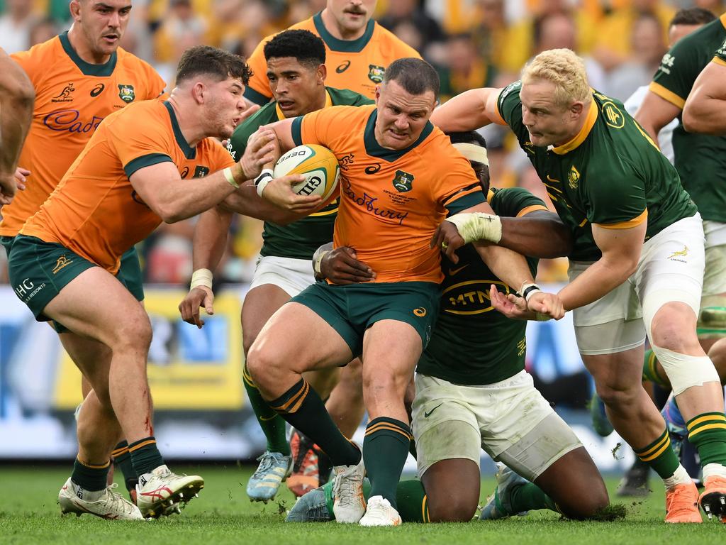 Wallaby Dylan Pietsch is tackled by the Springboks defence. Picture: Getty Images