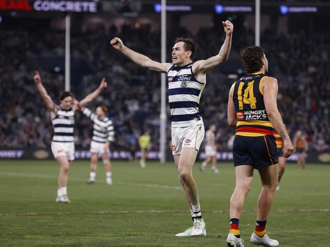 Jeremy Cameron celebrates his sixth goal to seal the game for Geelong. Picture: Darrian Traynor/Getty Images