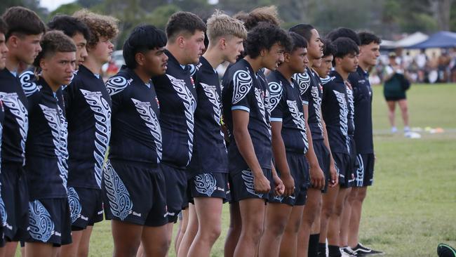 There was plenty on the line in the under 15s boys Maori v Samoa match. Picture: Warren Gannon