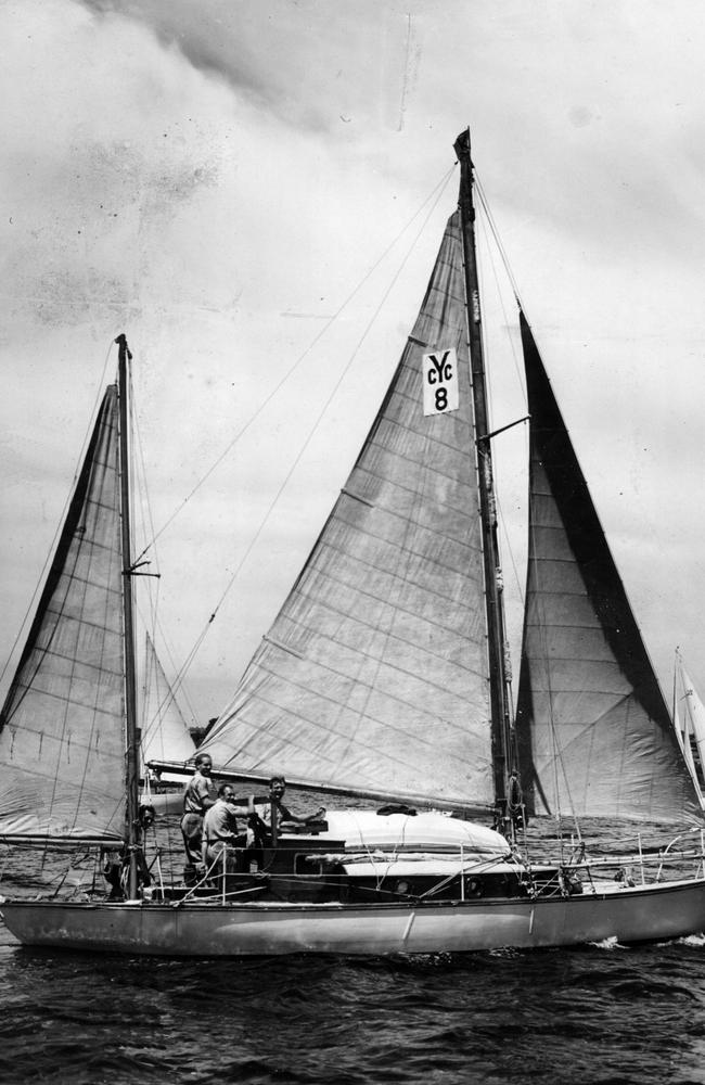 Katwinchar with Eddie Mossop and crew in the cockpit sets off at the start of the Sydney Hobart Yacht Race in 1951.