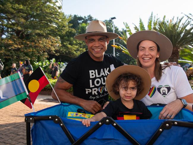 Stephen Cardona, Anita and Eliyang Cardona attend the NAIDOC march, 2024. The theme this year is 'Keep the fire burning: Blak, loud and proud'. Picture: Pema Tamang Pakhrin