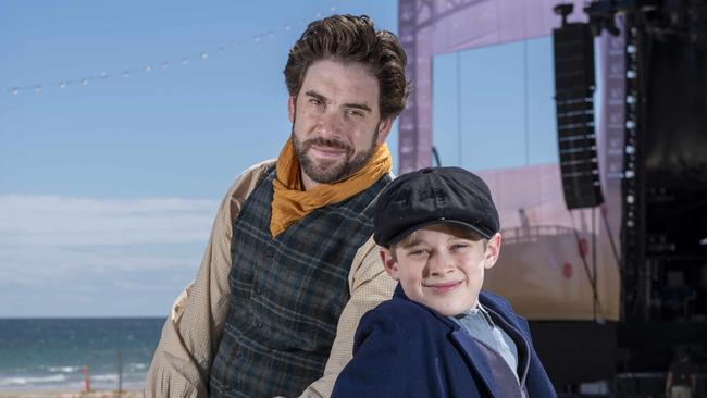 MARCH 23, 2022: Boheme on the Beach is an opera being held at Glenelg Beach on Saturday. Young cast member Max Junge, 12, with adult star Sam Dundas. Picture: Naomi Jellicoe