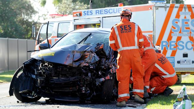 Emergency services at the scene of a fatal car crash at Tootgarook early Friday. Picture: Andrew Henshaw