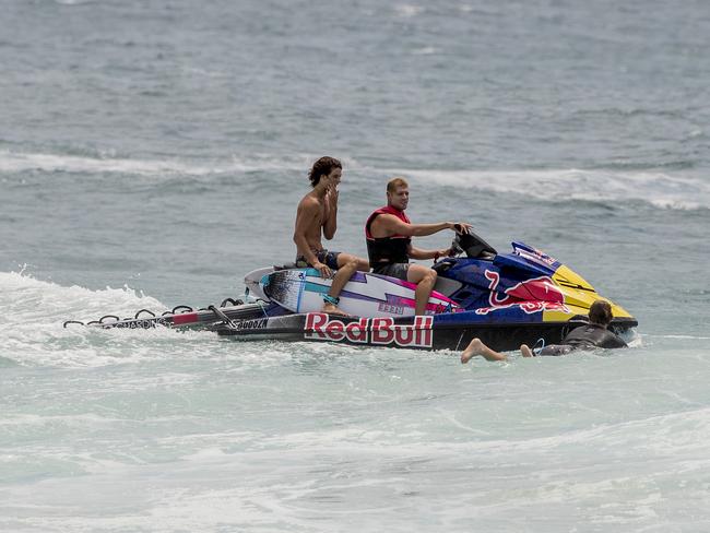 Mick Fanning on a jetski as surfers enjoy the larger than usual swell at Kirra Beach due to Tropical Cyclone Oma Picture: Jerad Williams.