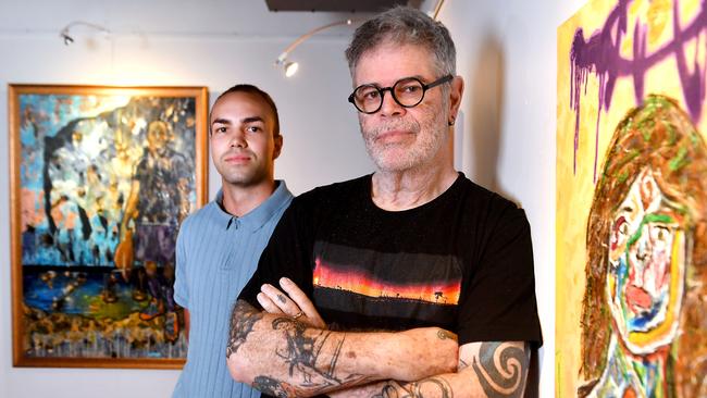 Artist Birrunga Wiradyuri (front) with Kane Brunjes. Mr Wiradyuri serves as patron to the Wayne Weaver Foundation. Picture: John Gass