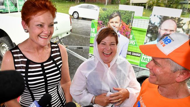 One Nation leader Senator Pauline Hanson (left), ALP member for Bundamba, Jo-Ann Miller (centre) and former Senator Malcolm Roberts (right). Picture: AAP.