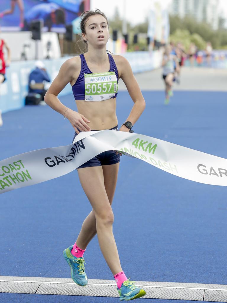 Sayla Donnelley is the winning girl in the Four Kilometre Junior Dash. Picture: Tim Marsden.