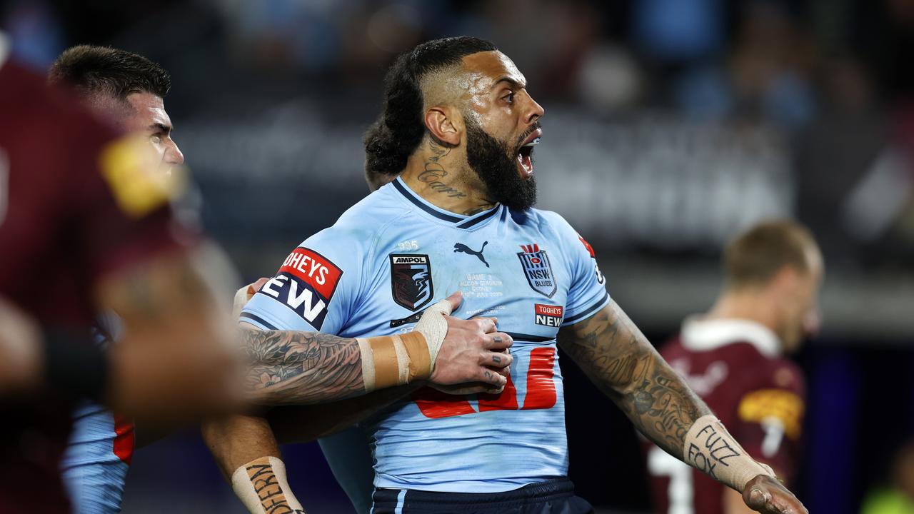 Josh Addo-Carr scored one of the great Origin tries, regathering his own kick to score, channelling Billy Slater’s iconic try in 2004. Picture: Jonathan Ng.