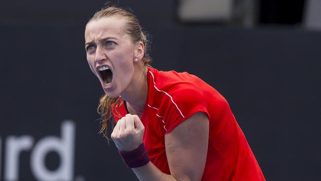 Petra Kvitova on her way to beating Ash Barty in the women’s final at the Sydney International on Saturday. Picture: AAP 