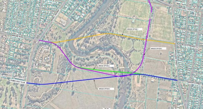 An overview of the four proposed bridge options. Picture: Dubbo Regional Council