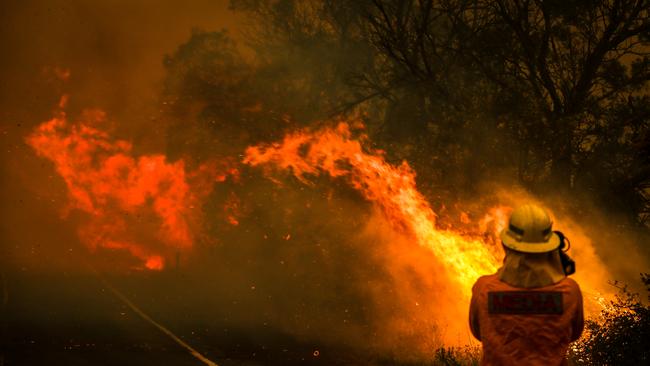 A camerman films flames crossing a road as a bushfire burns near homes on the outskirts of the town of Bilpin on December 19, 2019 in Sydney, Australia. (Photo by David Gray/Getty Images)