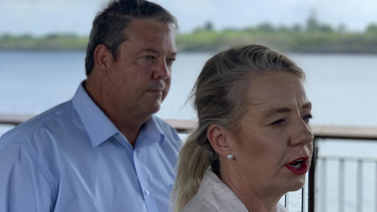 National Recovery and Resilience Minister Senator Bridget McKenzie speaks about a new funding tranche for Mackay next to Dawson LNP candidate Andrew Willcox. Picture: Duncan Evans