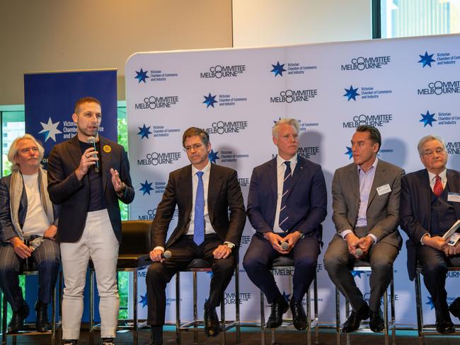 Lord mayoral candidates (from left) Labor’s Phil Reed, Jamal Hakim, Lord Mayor Nick Reece, Arron Wood, Anthony Koutoufides and Gary Morgan at the VCCI lord mayoral breakfast forum at Crown. Picture: Jessica Hooper