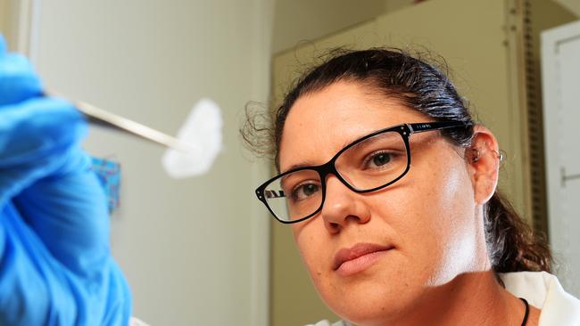 T Police Forensic Science Branch member Kelsey McGorman examines the drug "Ice" in the Forensics laboratory.