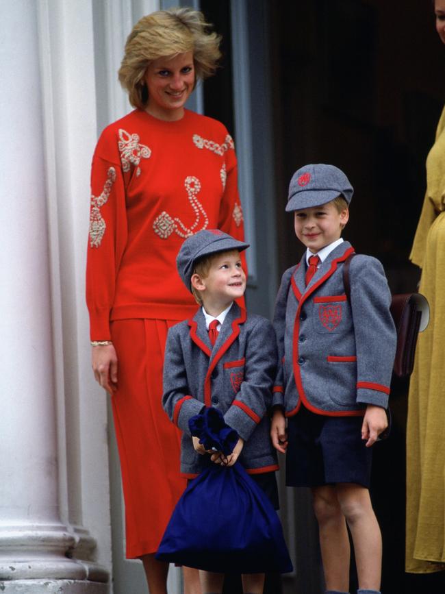 Lady Diana with her boys Prince William And Prince Harry on young Harry’s first day of school. Picture: Tim Graham/Getty Images